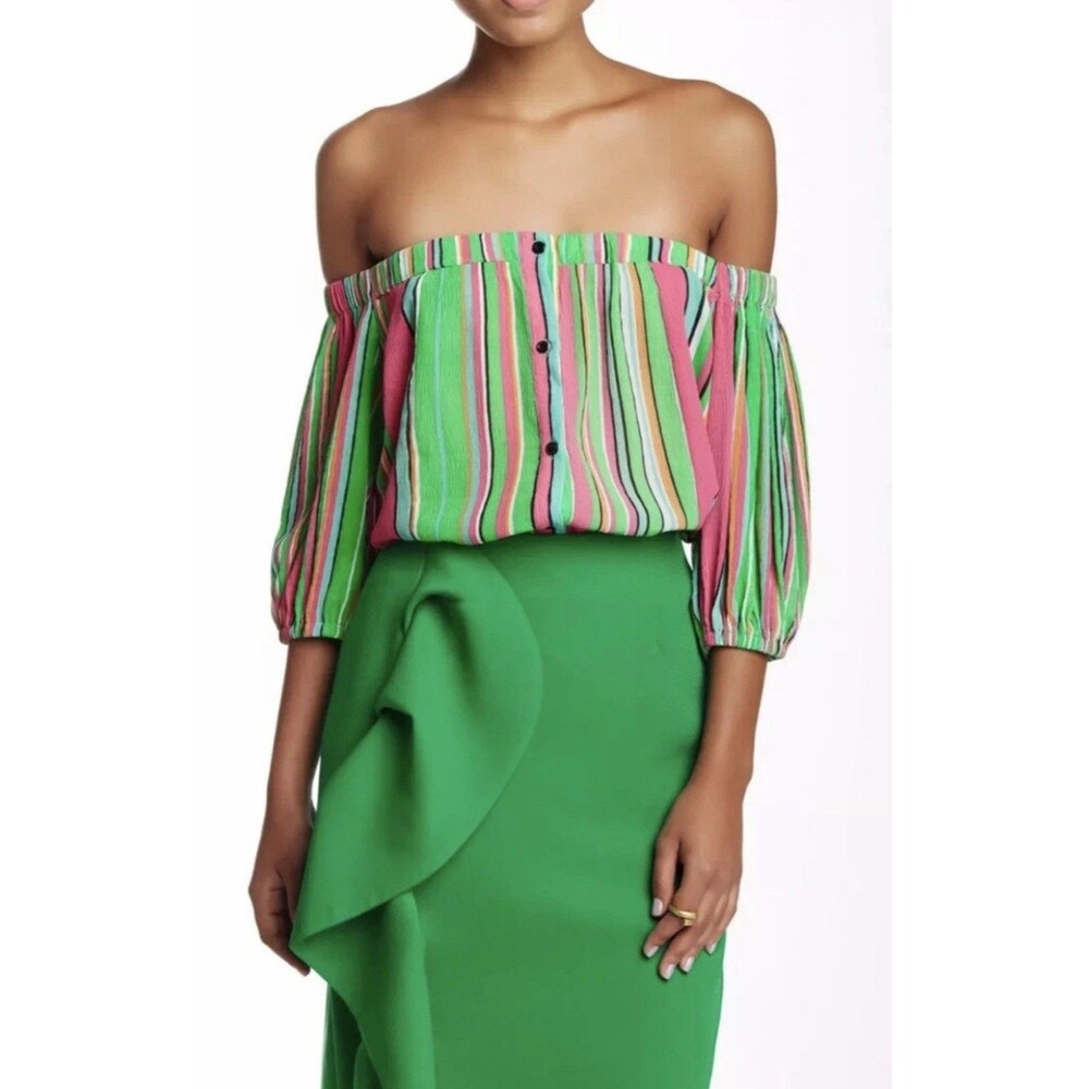 TOV Los Angeles Size 42 Off The Shoulder Stripe Cabana Top Multi Colored Buttons